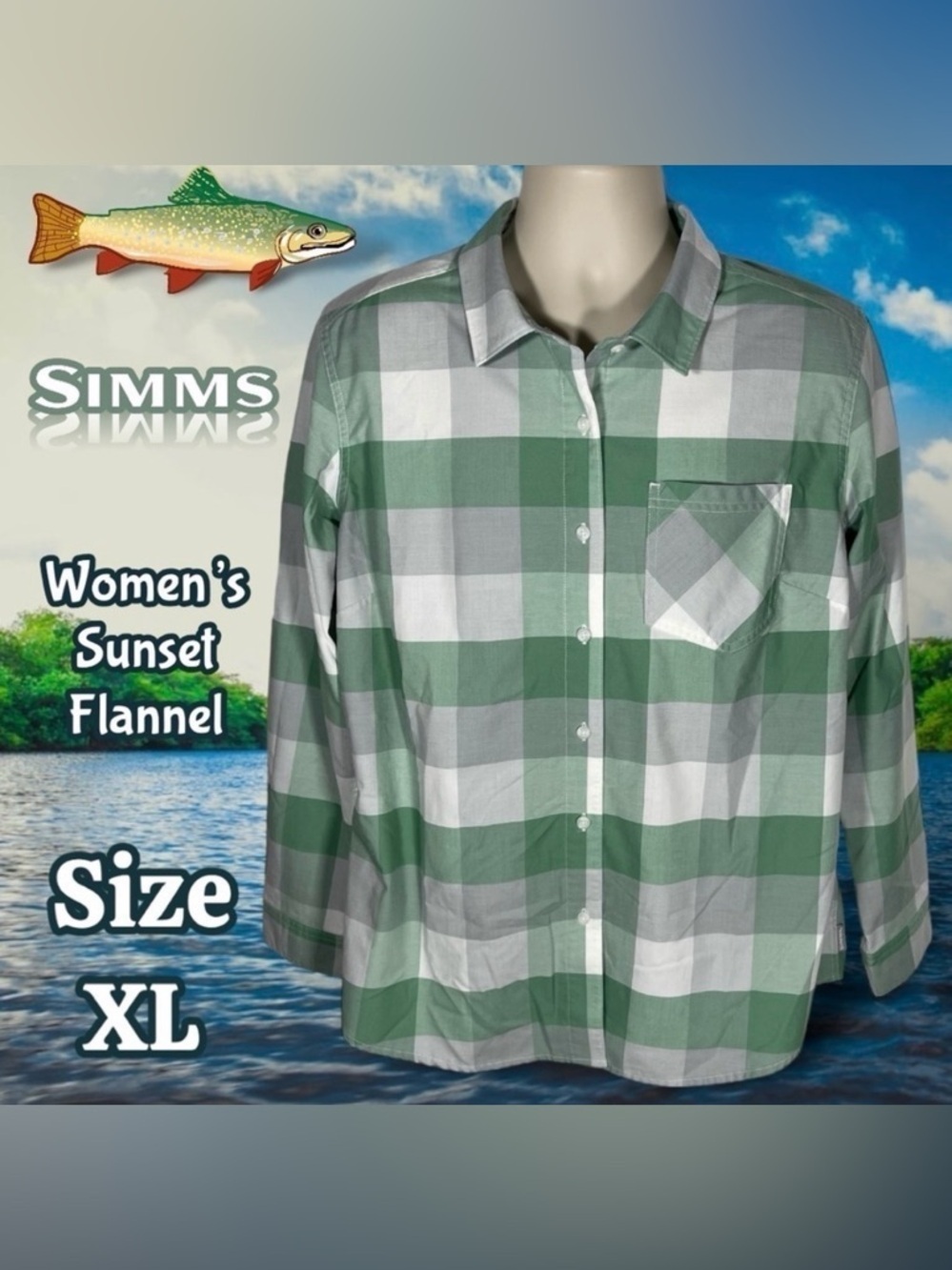 SIMMS Women’s Sunset Flannel Seafoam Buffalo Plaid Button Down Size Large